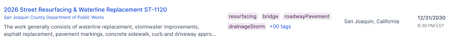 A public solicitation from the public solicitation search with descriptive information and AI generated tags displayed