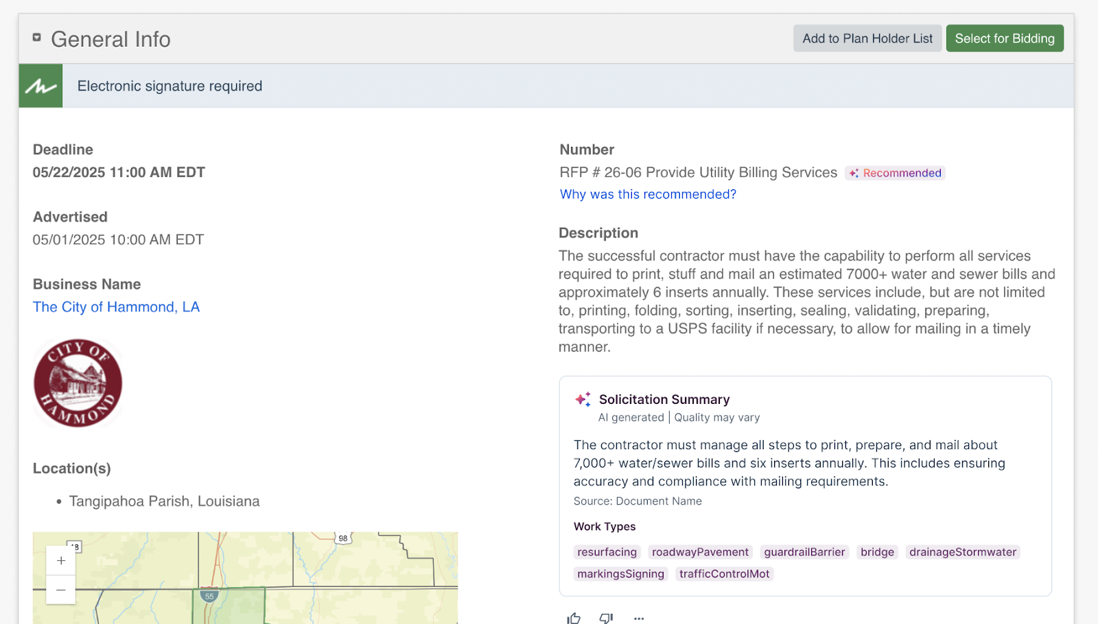 The "General Info" section within an advertised solicitation, including a visible AI Summary and associated tags.