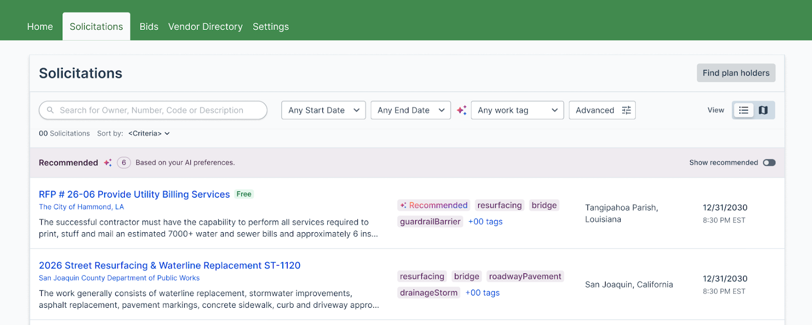 The Solicitations tab with public solicitations shown, solicitation recommendations, and content tags