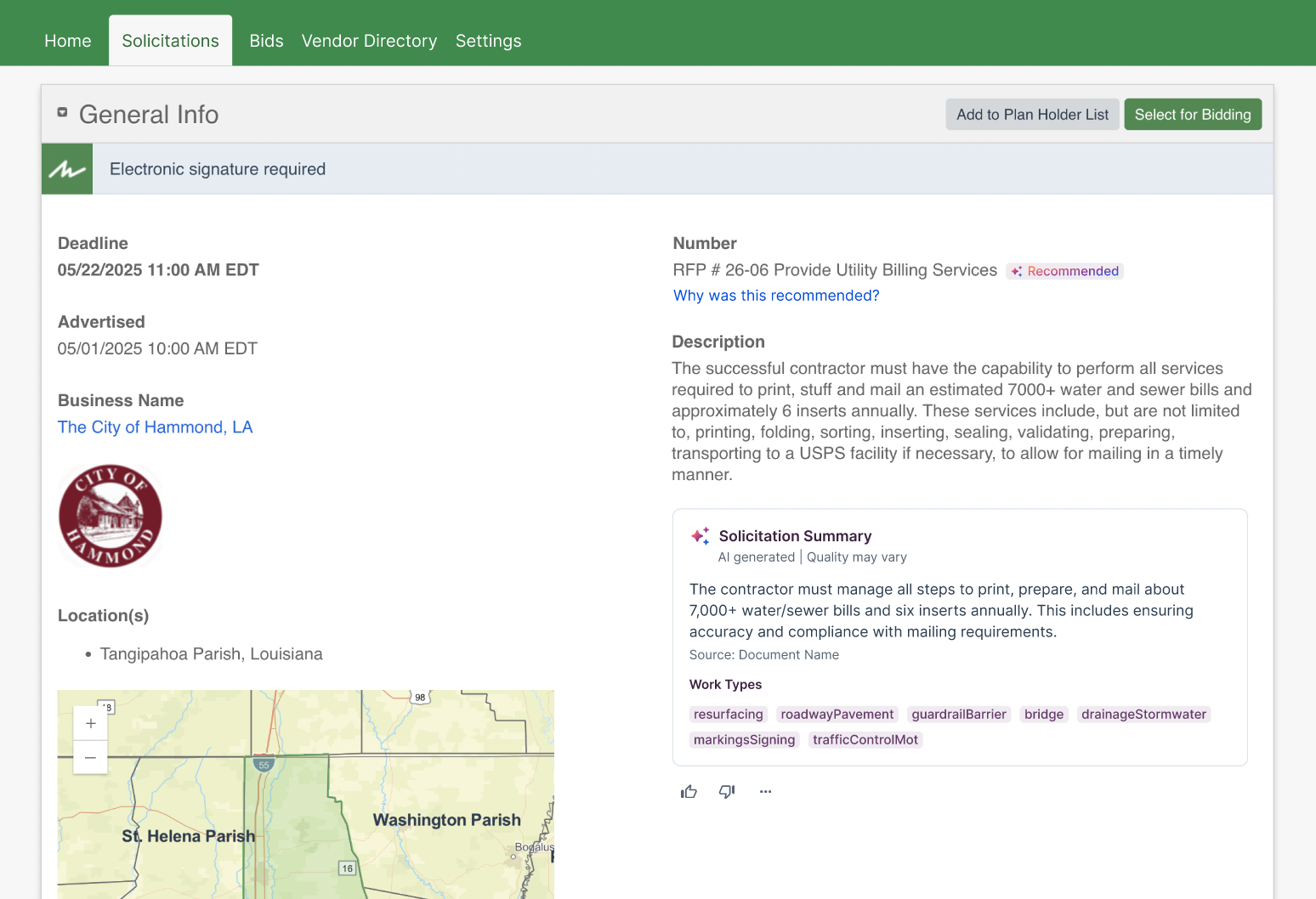 General Info of an advertised solicitation with solicitation details and an AI-generated Summary section containing a project summary and work type tags.