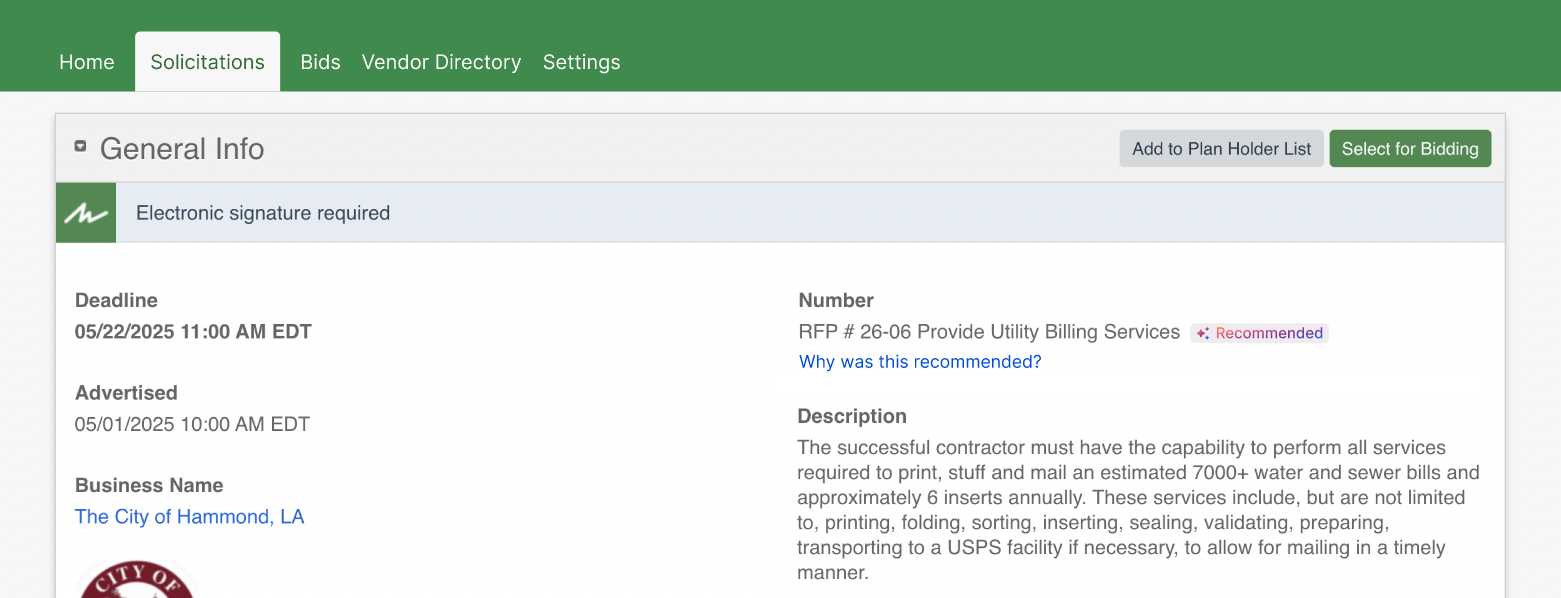 General Info of a solicitation with the tag Recommended listed to the right of the solicitation # and with a hyperlink to confirm why the solicitation was recommended.