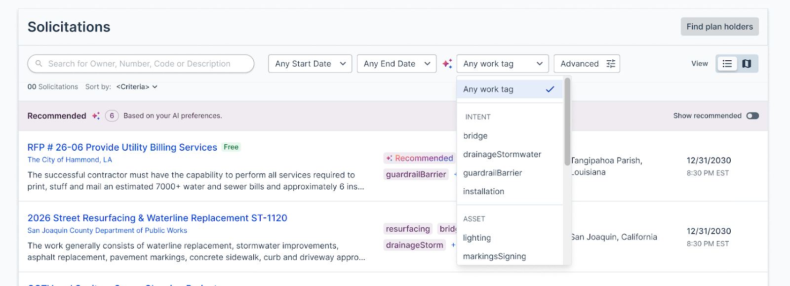 The main Solicitations tab view with a list of public solicitations, their previewable information, and an expanded Any work tag menu for filtering by work type or classification.
