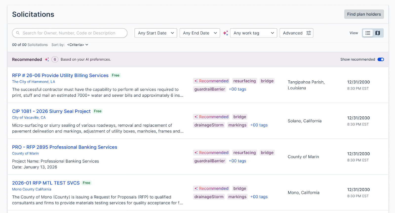 Solicitations tab with the Recommended banner toggled on and recommended solicitations appearing first in the solicitation list.
